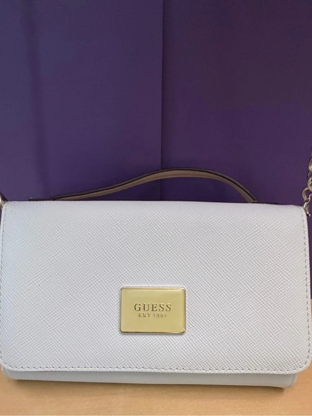 GUESS White Crossbody with Gold Logo Plaque and Chain Strap